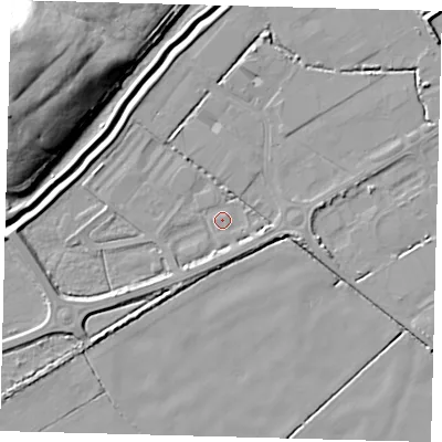 Shaded relief map of the ground around DN418TH, computed from Environment Agency LiDAR. The ground here sits at about 2 m above sea level and falls 22 m across the surrounding 800 m. Surface water reaching this point runs off ground lying to the east-south-east, 2.9 m higher.