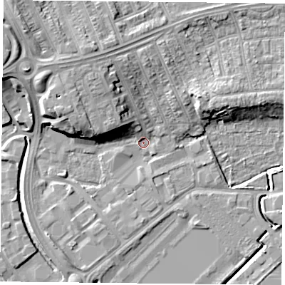 Shaded relief map of the ground around DN45DF, computed from Environment Agency LiDAR. The ground here sits at about 6 m above sea level and falls 15 m across the surrounding 800 m. Surface water reaching this point runs off ground lying to the north-west, 10.0 m higher.