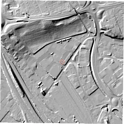 Shaded relief map of the ground around DN45FB, computed from Environment Agency LiDAR. The ground here sits at about 7 m above sea level and falls 16 m across the surrounding 800 m. Surface water reaching this point runs off ground lying to the north-north-west, 13.4 m higher.