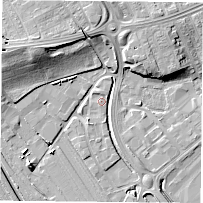 Shaded relief map of the ground around DN45HX, computed from Environment Agency LiDAR. The ground here sits at about 7 m above sea level and falls 16 m across the surrounding 800 m. Surface water reaching this point runs off ground lying to the north-east, 3.4 m higher.