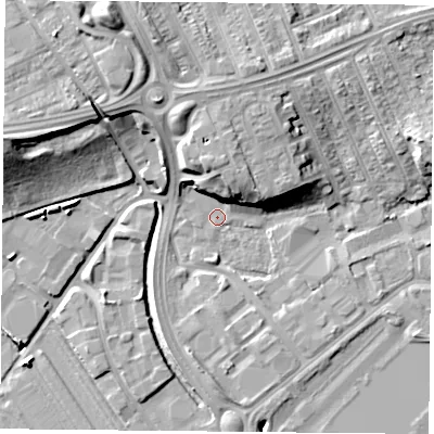 Shaded relief map of the ground around DN45HY, computed from Environment Agency LiDAR. The ground here sits at about 7 m above sea level and falls 17 m across the surrounding 800 m. Surface water reaching this point runs off ground lying to the north, 9.2 m higher.