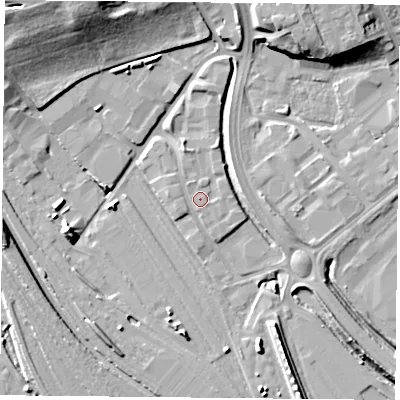 Shaded relief map of the ground around DN45HZ, computed from Environment Agency LiDAR. The ground here sits at about 7 m above sea level and falls 16 m across the surrounding 800 m. Surface water reaching this point runs off ground lying to the south-east, 0.8 m higher.