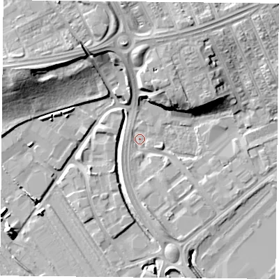 Shaded relief map of the ground around DN45JD, computed from Environment Agency LiDAR. The ground here sits at about 6 m above sea level and falls 16 m across the surrounding 800 m. Surface water reaching this point runs off ground lying to the north-north-east, 10.3 m higher.