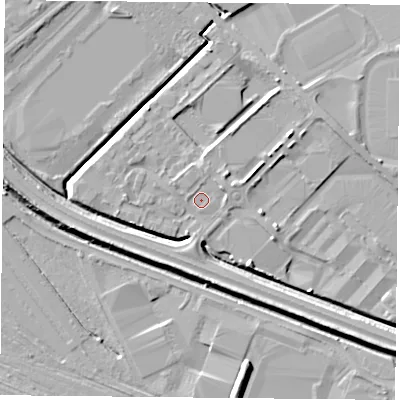 Shaded relief map of the ground around DN45JH, computed from Environment Agency LiDAR. The ground here sits at about 7 m above sea level and falls 7 m across the surrounding 800 m. The ground contributing surface water to this point lies to the south-south-east.