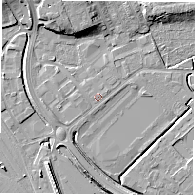 Shaded relief map of the ground around DN45JJ, computed from Environment Agency LiDAR. The ground here sits at about 7 m above sea level and falls 13 m across the surrounding 800 m. Surface water reaching this point runs off ground lying to the west, 1.0 m higher.