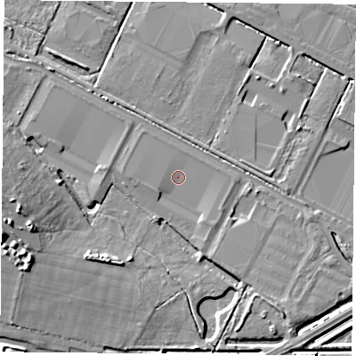 Shaded relief map of the ground around DN45JP, computed from Environment Agency LiDAR. The ground here sits at about 5 m above sea level and falls 10 m across the surrounding 800 m. Surface water reaching this point runs off ground lying to the north-west, 1.3 m higher.