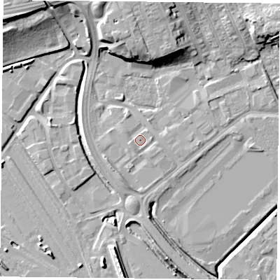 Shaded relief map of the ground around DN45JR, computed from Environment Agency LiDAR. The ground here sits at about 7 m above sea level and falls 16 m across the surrounding 800 m. Surface water reaching this point runs off ground lying to the south-south-west, 2.3 m higher.
