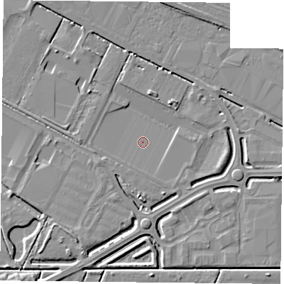 Shaded relief map of the ground around DN45JS, computed from Environment Agency LiDAR. The ground here sits at about 4 m above sea level and falls 5 m across the surrounding 800 m. Surface water reaching this point runs off ground lying to the south, 3.8 m higher.
