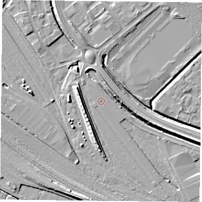 Shaded relief map of the ground around DN45PD, computed from Environment Agency LiDAR. The ground here sits at about 6 m above sea level and falls 8 m across the surrounding 800 m. The ground contributing surface water to this point lies to the west-south-west.