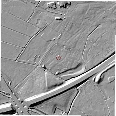 Shaded relief map of the ground around DN47FS, computed from Environment Agency LiDAR. The ground here sits at about 4 m above sea level and falls 13 m across the surrounding 800 m. Surface water reaching this point runs off ground lying to the north-east, 2.4 m higher.