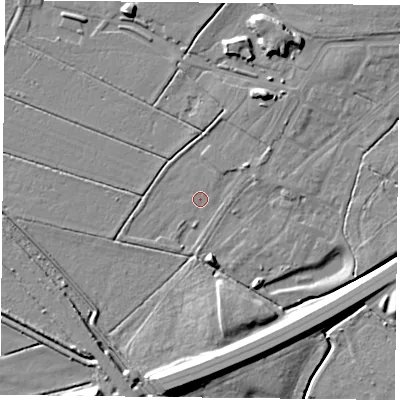 Shaded relief map of the ground around DN47FY, computed from Environment Agency LiDAR. The ground here sits at about 4 m above sea level and falls 12 m across the surrounding 800 m. Surface water reaching this point runs off ground lying to the north-north-east, 1.7 m higher.