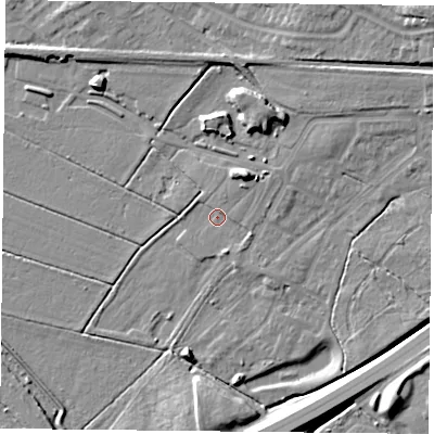 Shaded relief map of the ground around DN47FZ, computed from Environment Agency LiDAR. The ground here sits at about 6 m above sea level and falls 19 m across the surrounding 800 m. Surface water reaching this point runs off ground lying to the north-east, 7.5 m higher.