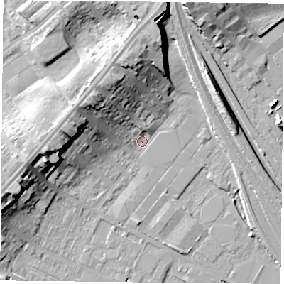 Shaded relief map of the ground around DN48AL, computed from Environment Agency LiDAR. The ground here sits at about 6 m above sea level and falls 16 m across the surrounding 800 m. Surface water reaching this point runs off ground lying to the north, 13.9 m higher.