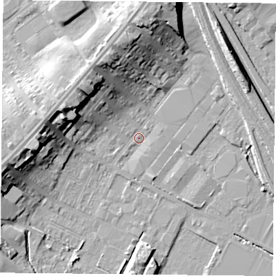 Shaded relief map of the ground around DN48AN, computed from Environment Agency LiDAR. The ground here sits at about 6 m above sea level and falls 16 m across the surrounding 800 m. Surface water reaching this point runs off ground lying to the west-north-west, 15.0 m higher.