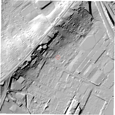 Shaded relief map of the ground around DN48AP, computed from Environment Agency LiDAR. The ground here sits at about 6 m above sea level and falls 16 m across the surrounding 800 m. Surface water reaching this point runs off ground lying to the north-west, 14.4 m higher.