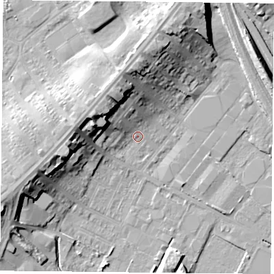 Shaded relief map of the ground around DN48AW, computed from Environment Agency LiDAR. The ground here sits at about 7 m above sea level and falls 16 m across the surrounding 800 m. Surface water reaching this point runs off ground lying to the north-north-west, 13.2 m higher.