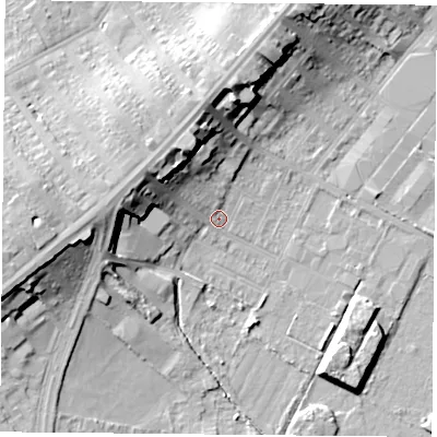 Shaded relief map of the ground around DN48BA, computed from Environment Agency LiDAR. The ground here sits at about 7 m above sea level and falls 17 m across the surrounding 800 m. Surface water reaching this point runs off ground lying to the west-north-west, 12.3 m higher.