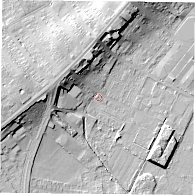 Shaded relief map of the ground around DN48BB, computed from Environment Agency LiDAR. The ground here sits at about 7 m above sea level and falls 17 m across the surrounding 800 m. Surface water reaching this point runs off ground lying to the west-north-west, 13.6 m higher.