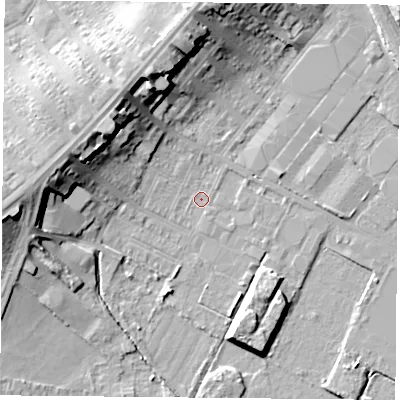 Shaded relief map of the ground around DN48BE, computed from Environment Agency LiDAR. The ground here sits at about 6 m above sea level and falls 16 m across the surrounding 800 m. Surface water reaching this point runs off ground lying to the north-north-west, 15.0 m higher.