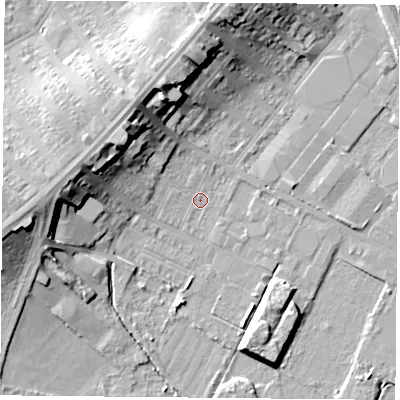 Shaded relief map of the ground around DN48BJ, computed from Environment Agency LiDAR. The ground here sits at about 6 m above sea level and falls 16 m across the surrounding 800 m. Surface water reaching this point runs off ground lying to the north-north-west, 14.9 m higher.