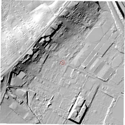 Shaded relief map of the ground around DN48BL, computed from Environment Agency LiDAR. The ground here sits at about 6 m above sea level and falls 16 m across the surrounding 800 m. Surface water reaching this point runs off ground lying to the north-north-west, 15.0 m higher.