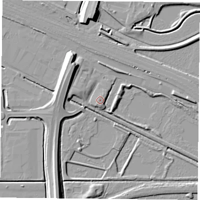 Shaded relief map of the ground around DN48DB, computed from Environment Agency LiDAR. The ground here sits at about 7 m above sea level and falls 13 m across the surrounding 800 m. Surface water reaching this point runs off ground lying to the south-south-west, 3.0 m higher.