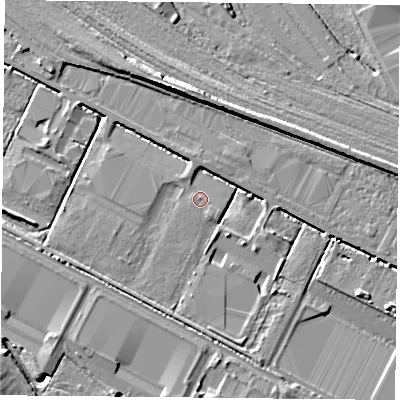 Shaded relief map of the ground around DN48DE, computed from Environment Agency LiDAR. The ground here sits at about 5 m above sea level and falls 8 m across the surrounding 800 m. The ground contributing surface water to this point lies to the north-west.