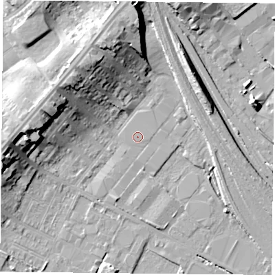 Shaded relief map of the ground around DN48DF, computed from Environment Agency LiDAR. The ground here sits at about 7 m above sea level and falls 16 m across the surrounding 800 m. The ground contributing surface water to this point lies to the east.