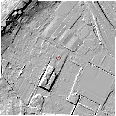 Shaded relief map of the ground around DN48DP, computed from Environment Agency LiDAR. The ground here sits at about 6 m above sea level and falls 16 m across the surrounding 800 m. Surface water reaching this point runs off ground lying to the south-south-west, 4.7 m higher.