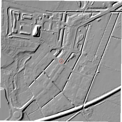 Shaded relief map of the ground around DN48FF, computed from Environment Agency LiDAR. The ground here sits at about 6 m above sea level and falls 12 m across the surrounding 800 m. Surface water reaching this point runs off ground lying to the west-north-west, 9.7 m higher.