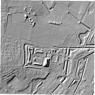 Shaded relief map of the ground around DN48FL, computed from Environment Agency LiDAR. The ground here sits at about 6 m above sea level and falls 14 m across the surrounding 800 m. Surface water reaching this point runs off ground lying to the west-south-west, 10.7 m higher.