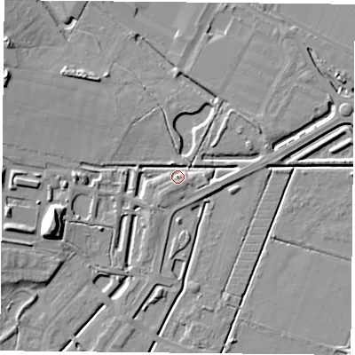 Shaded relief map of the ground around DN48FU, computed from Environment Agency LiDAR. The ground here sits at about 5 m above sea level and falls 12 m across the surrounding 800 m. Surface water reaching this point runs off ground lying to the north-east, 4.1 m higher.