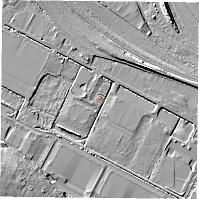 Shaded relief map of the ground around DN48WA, computed from Environment Agency LiDAR. The ground here sits at about 5 m above sea level and falls 10 m across the surrounding 800 m. Surface water reaching this point runs off ground lying to the east-north-east, 7.2 m higher.
