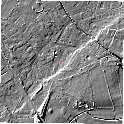 Shaded relief map of the ground around DN50AA, computed from Environment Agency LiDAR. The ground here sits at about 5 m above sea level and falls 14 m across the surrounding 800 m. Surface water reaching this point runs off ground lying to the south-south-west, 11.6 m higher.