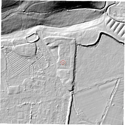 Shaded relief map of the ground around DN50AG, computed from Environment Agency LiDAR. The ground here sits at about 8 m above sea level and falls 21 m across the surrounding 800 m. Surface water reaching this point runs off ground lying to the north, 0.6 m higher.