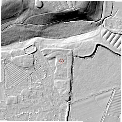 Shaded relief map of the ground around DN50AH, computed from Environment Agency LiDAR. The ground here sits at about 7 m above sea level and falls 27 m across the surrounding 800 m. Surface water reaching this point runs off ground lying to the south-west, 0.8 m higher.