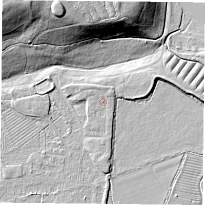 Shaded relief map of the ground around DN50AJ, computed from Environment Agency LiDAR. The ground here sits at about 7 m above sea level and falls 28 m across the surrounding 800 m. Surface water reaching this point runs off ground lying to the north-north-west, 1.3 m higher.