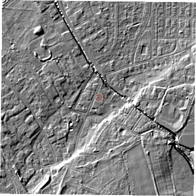 Shaded relief map of the ground around DN50AP, computed from Environment Agency LiDAR. The ground here sits at about 5 m above sea level and falls 8 m across the surrounding 800 m. Surface water reaching this point runs off ground lying to the east-south-east, 7.9 m higher.