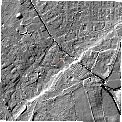 Shaded relief map of the ground around DN50AR, computed from Environment Agency LiDAR. The ground here sits at about 5 m above sea level and falls 9 m across the surrounding 800 m. Surface water reaching this point runs off ground lying to the south-south-west, 9.0 m higher.