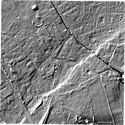 Shaded relief map of the ground around DN50AT, computed from Environment Agency LiDAR. The ground here sits at about 5 m above sea level and falls 12 m across the surrounding 800 m. Surface water reaching this point runs off ground lying to the south-south-west, 10.3 m higher.