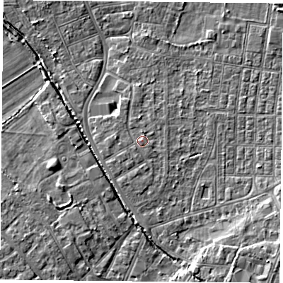 Shaded relief map of the ground around DN50AW, computed from Environment Agency LiDAR. The ground here sits at about 6 m above sea level and falls 5 m across the surrounding 800 m. Surface water reaching this point runs off ground lying to the west, 0.7 m higher.