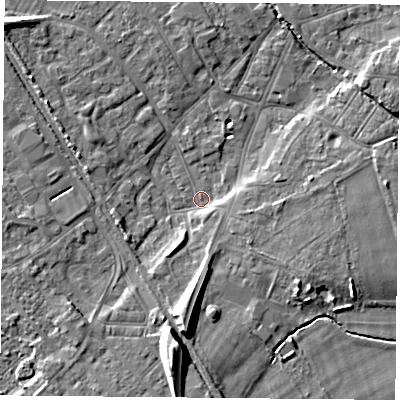 Shaded relief map of the ground around DN50AX, computed from Environment Agency LiDAR. The ground here sits at about 5 m above sea level and falls 14 m across the surrounding 800 m. Surface water reaching this point runs off ground lying to the south, 11.3 m higher.
