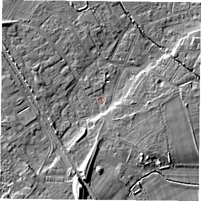 Shaded relief map of the ground around DN50AY, computed from Environment Agency LiDAR. The ground here sits at about 5 m above sea level and falls 14 m across the surrounding 800 m. Surface water reaching this point runs off ground lying to the south-south-west, 11.5 m higher.