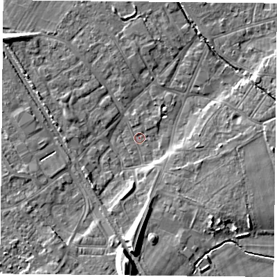 Shaded relief map of the ground around DN50AZ, computed from Environment Agency LiDAR. The ground here sits at about 5 m above sea level and falls 14 m across the surrounding 800 m. Surface water reaching this point runs off ground lying to the south, 11.5 m higher.