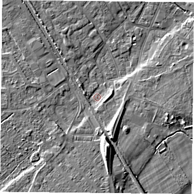 Shaded relief map of the ground around DN50BA, computed from Environment Agency LiDAR. The ground here sits at about 6 m above sea level and falls 14 m across the surrounding 800 m. Surface water reaching this point runs off ground lying to the south-south-east, 10.0 m higher.