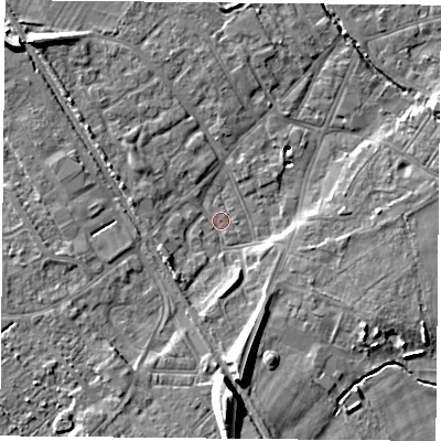 Shaded relief map of the ground around DN50BB, computed from Environment Agency LiDAR. The ground here sits at about 5 m above sea level and falls 14 m across the surrounding 800 m. Surface water reaching this point runs off ground lying to the south, 13.5 m higher.