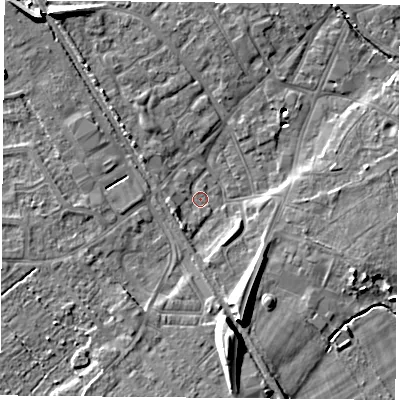 Shaded relief map of the ground around DN50BD, computed from Environment Agency LiDAR. The ground here sits at about 5 m above sea level and falls 14 m across the surrounding 800 m. Surface water reaching this point runs off ground lying to the west-south-west, 2.2 m higher.