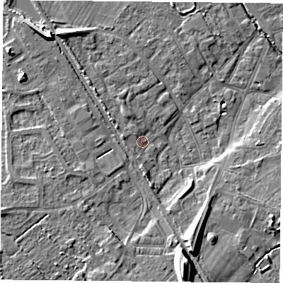 Shaded relief map of the ground around DN50BE, computed from Environment Agency LiDAR. The ground here sits at about 6 m above sea level and falls 14 m across the surrounding 800 m. Surface water reaching this point runs off ground lying to the west-north-west, 1.7 m higher.