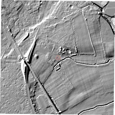 Shaded relief map of the ground around DN50BF, computed from Environment Agency LiDAR. The ground here sits at about 7 m above sea level and falls 14 m across the surrounding 800 m. Surface water reaching this point runs off ground lying to the north-north-east, 2.8 m higher.
