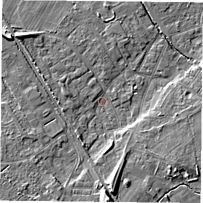 Shaded relief map of the ground around DN50BH, computed from Environment Agency LiDAR. The ground here sits at about 5 m above sea level and falls 14 m across the surrounding 800 m. Surface water reaching this point runs off ground lying to the south, 11.9 m higher.